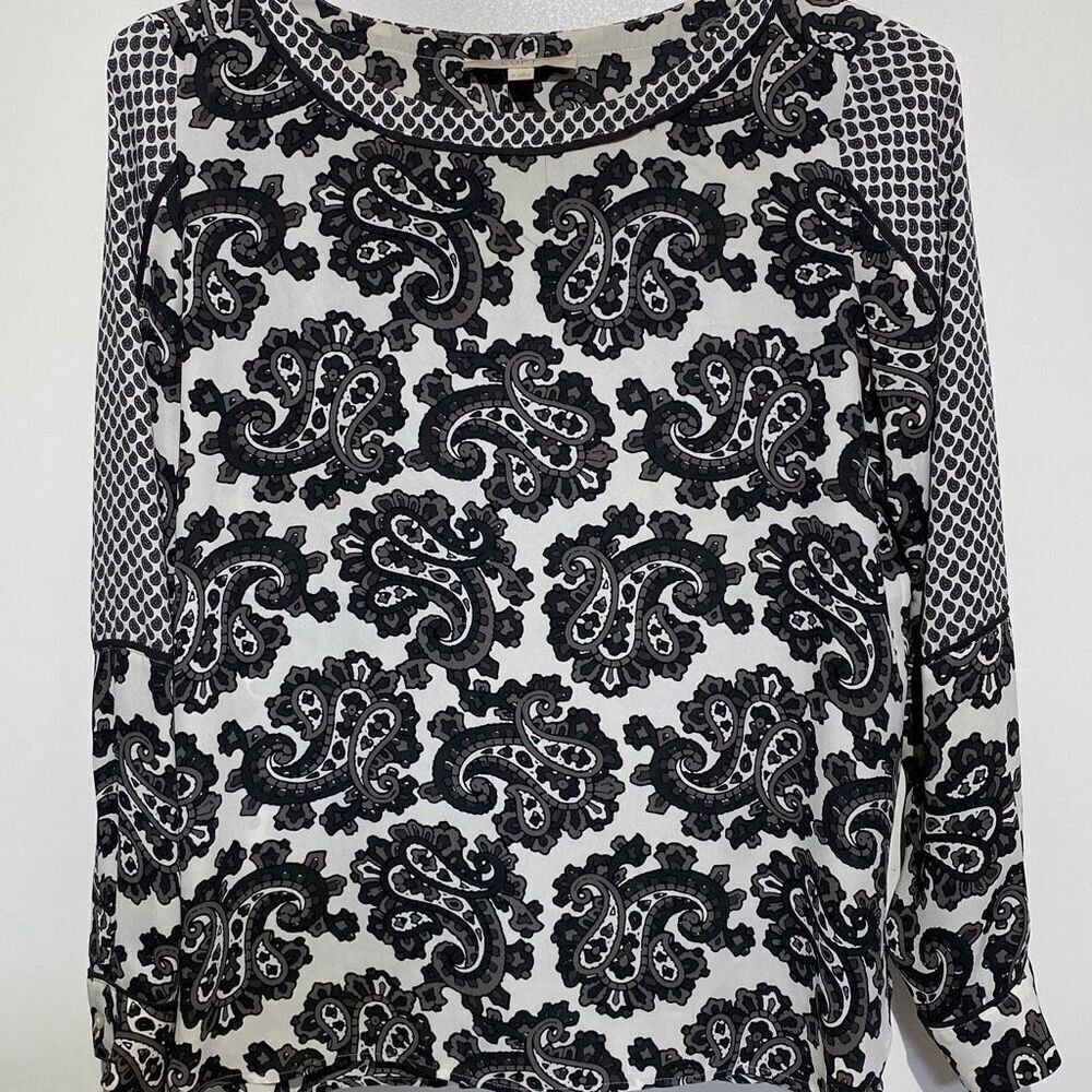 LOFT Womens Medium Black White Paisley Mixed Print Long Sleeve Blouse Top 419088